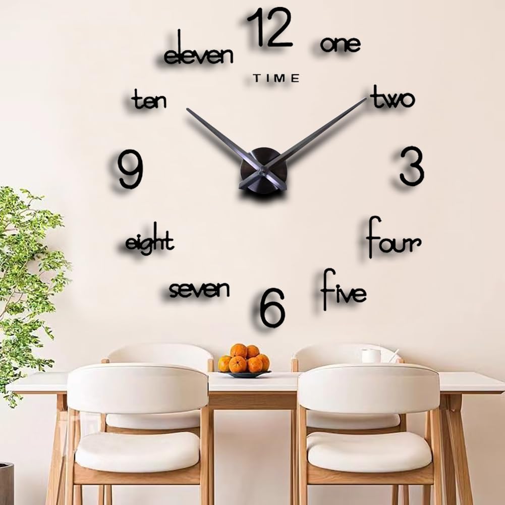 DIY 3D Wall Clock Large Frameless Watch Mirror Surface Wall Art Clock for Living Room Bedroom Office Hotel Wall Decoration (DIYL185-Black)