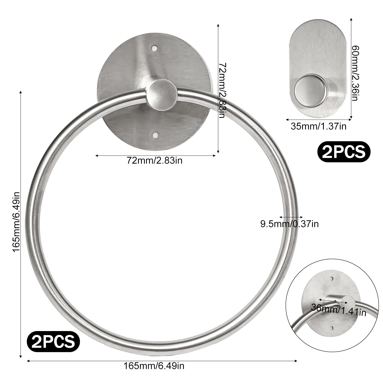 2 Anillos de Toalla Autoadhesivos mit 2 Colgador Toalla para Cuarto de Baño Cocina, Sin Taladrar Anillos de Toalla de Acero Inoxidable, Resistente al óxido y la Humedad, Plateado