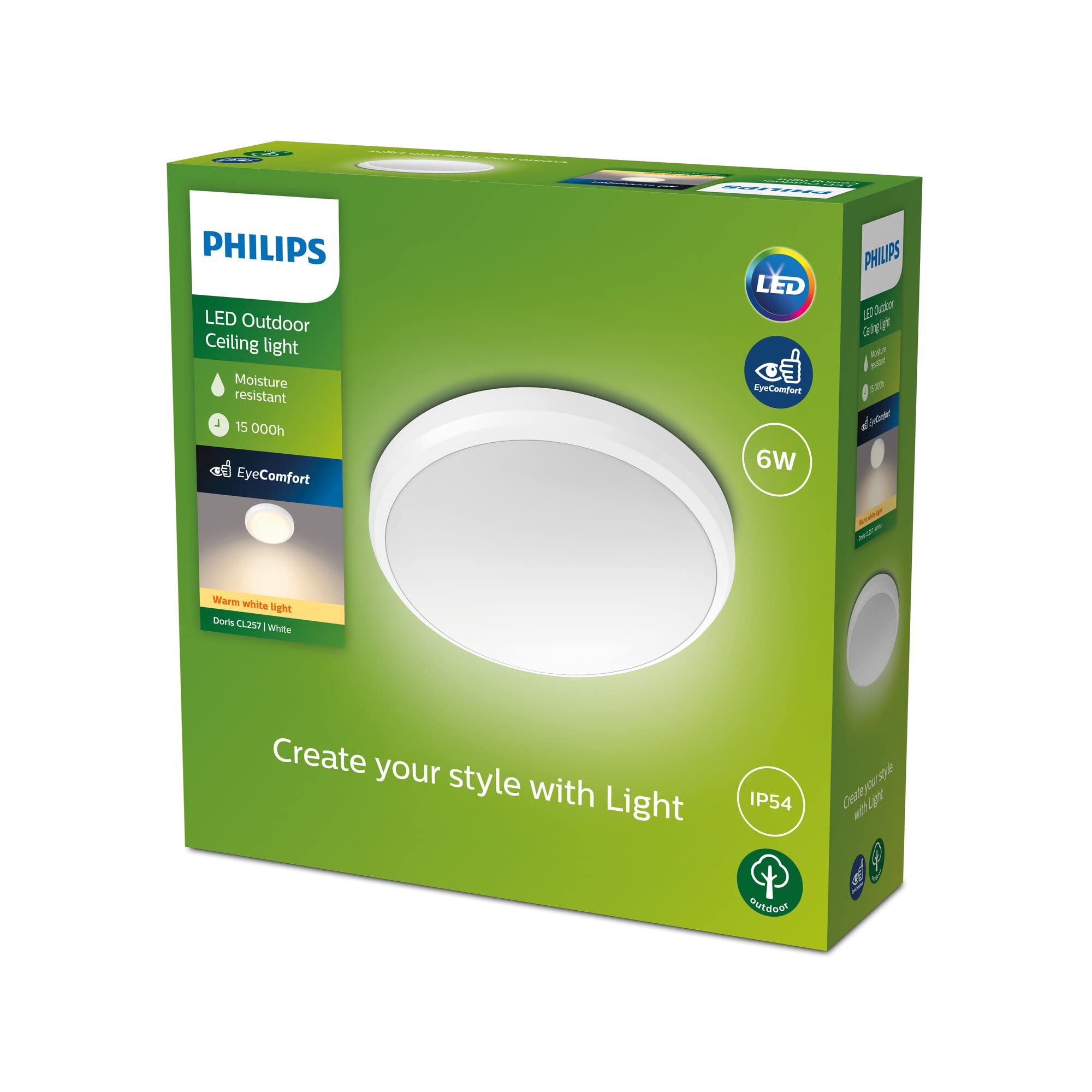 PHILIPS Plafonnier LED Doris 6 W [Blanc chaud] Résistant à l'eau IP54 pour éclairage de jardin, terrasse et terrasse