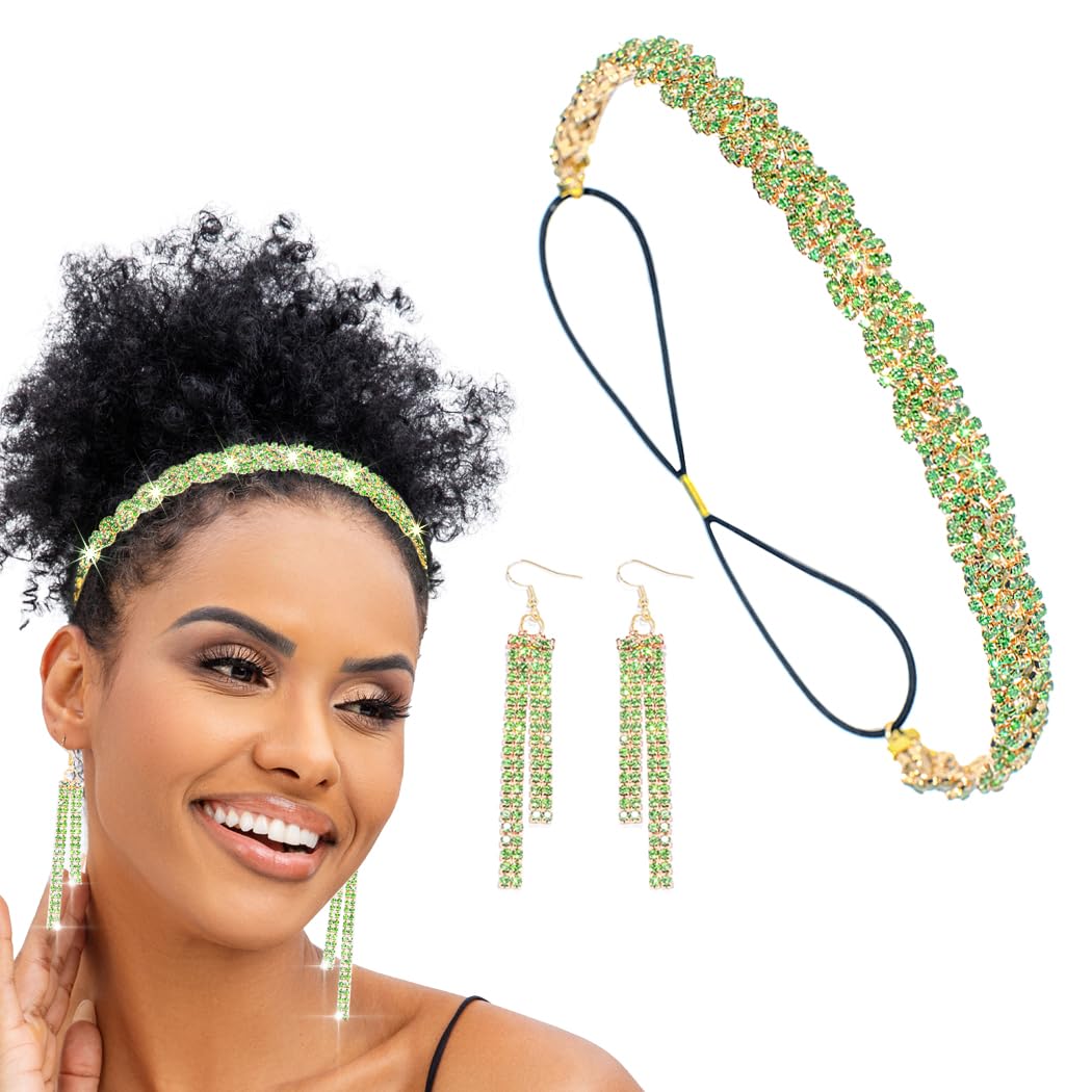 Flayem Women Rhinestone Headbands Elestic Sparkly Hairband Vintage Headbands with Ear Rings Elegant Party Daily Head Chain (Light Green