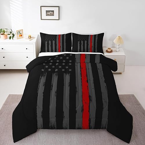 Erosebridal Juego de edredón de bandera estadounidense, juego de ropa de cama con bandera de línea roja, negro, gris, rojo, para hombres, niños y
