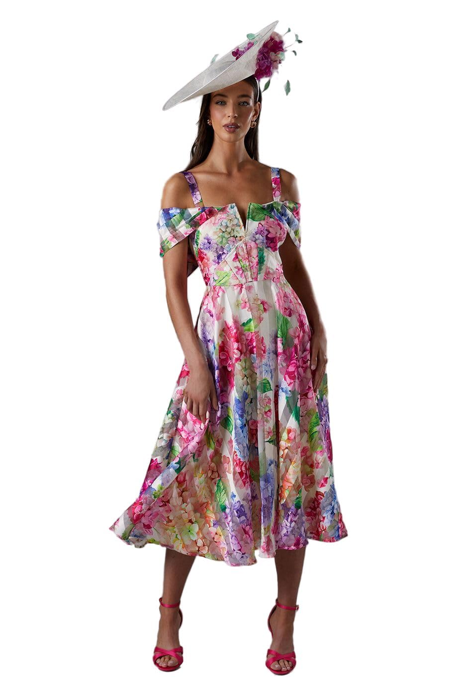 Coast Women's Multicolor Lisa Tan Printed Organza Bardot Midi Dress | Size: 12