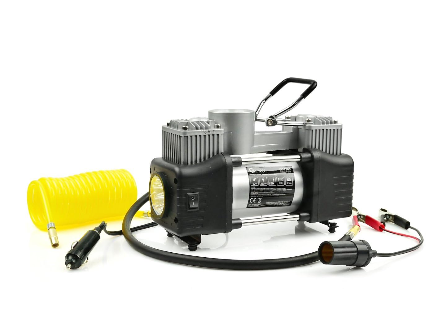 BSD Compressore Elettrico 12V 250W con Manometro e Luce LED - Gonfiatore per Auto, Moto e Biciclette, Accessori Inclusi e Tubo Pneumatico a Spirale 2,5m