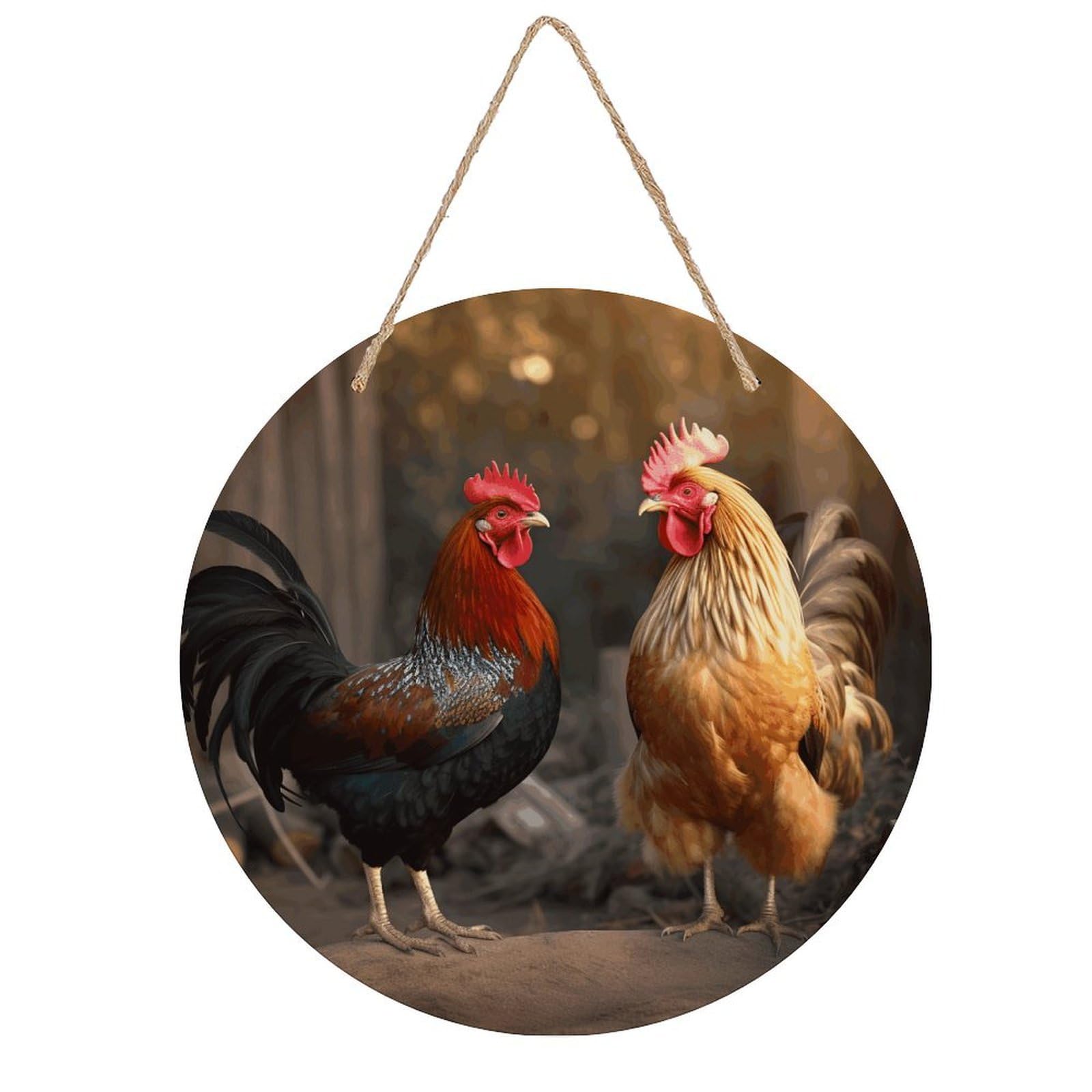 LZQPOEAS Rooster And Chicken Round Wood Wall Art Painting, 7.9 Inch Circular Wooden Door Hanger Decorative Paintings, Rope-Hanging Wooden Wall Plaque for Home Decor And Office Party