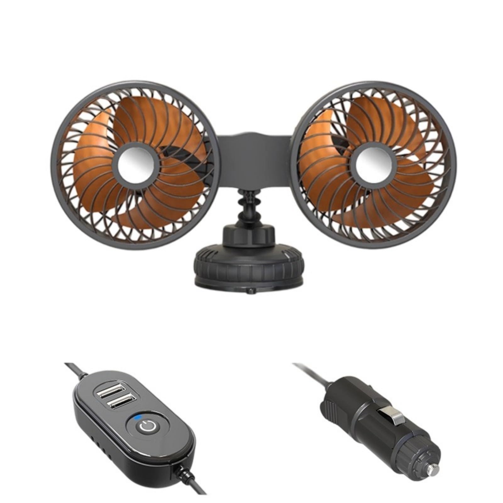 2 Head Car Fan Adjustable Airflow Road Travel Suction Cup Fan with Strong Suction Cup for Vehicle Quiet Operation Truck