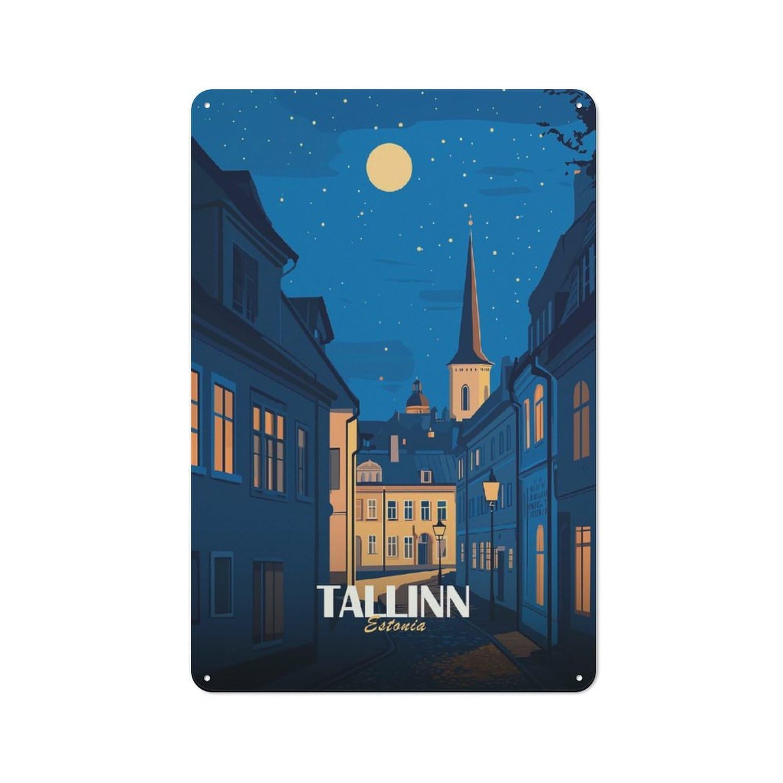 Vintage Metal Wall Art Sign 30x20cm Featuring Tallinn, Estonia Nightscape Illustration, Old Style Wall Plaque for Kitchen, Hallway, Bar Or Small Cafe