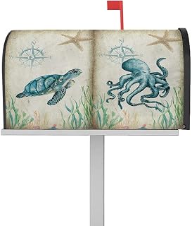 Mailbox Cover Magnetic Sea Turtle Octopus Starfish Compass Coral Mailbox Covers Standard Size 21x18in,Mailbox Covers Wrap Post Letter Box Cover for Garden Yard Outdoor Decor Monster Retro Marine Life