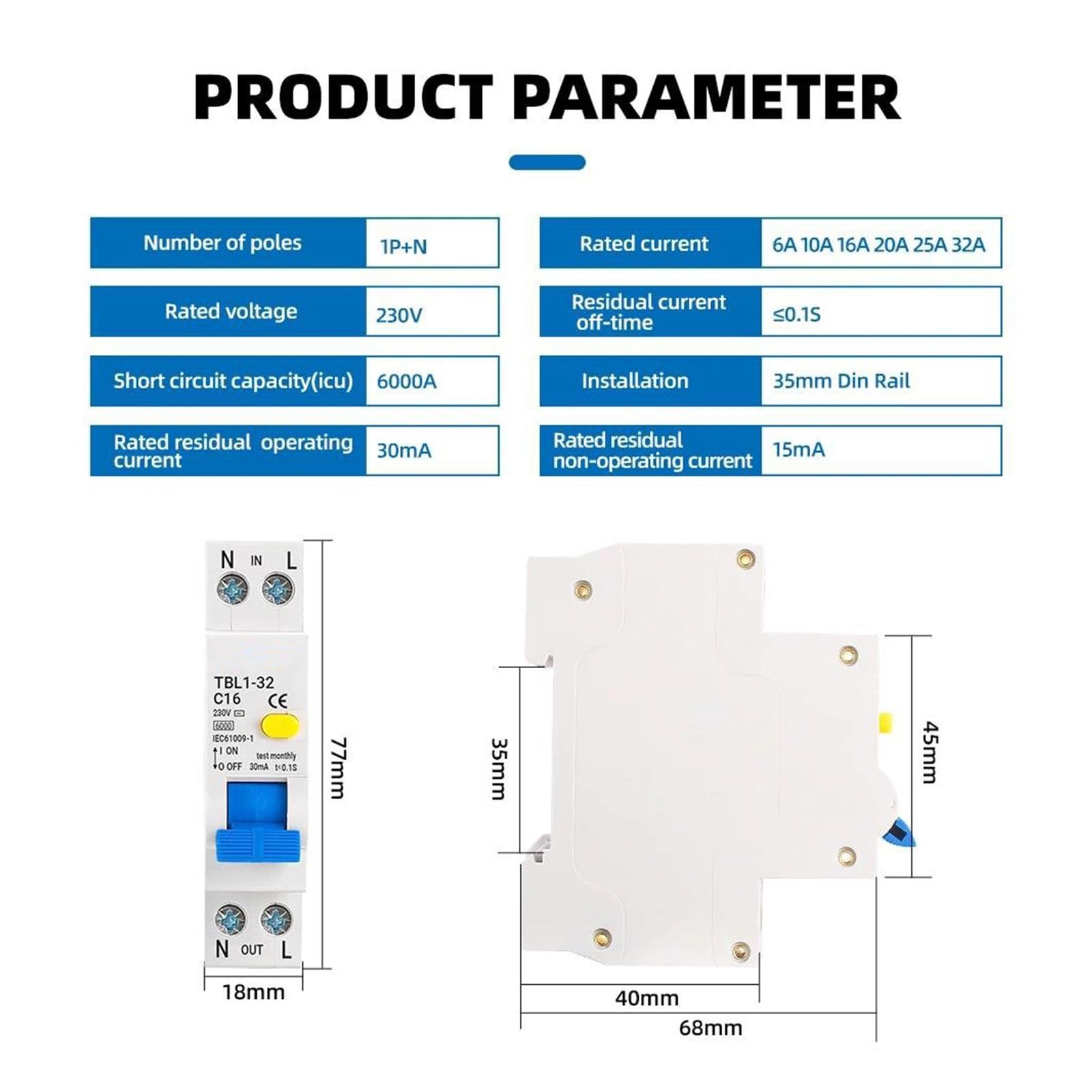 Interruttore automatico differenziale di corrente residua da 18 mm, 230 V, 50/60 Hz, RCBO 1P+N 6 KA, protezione da sovracorrente.(20A)