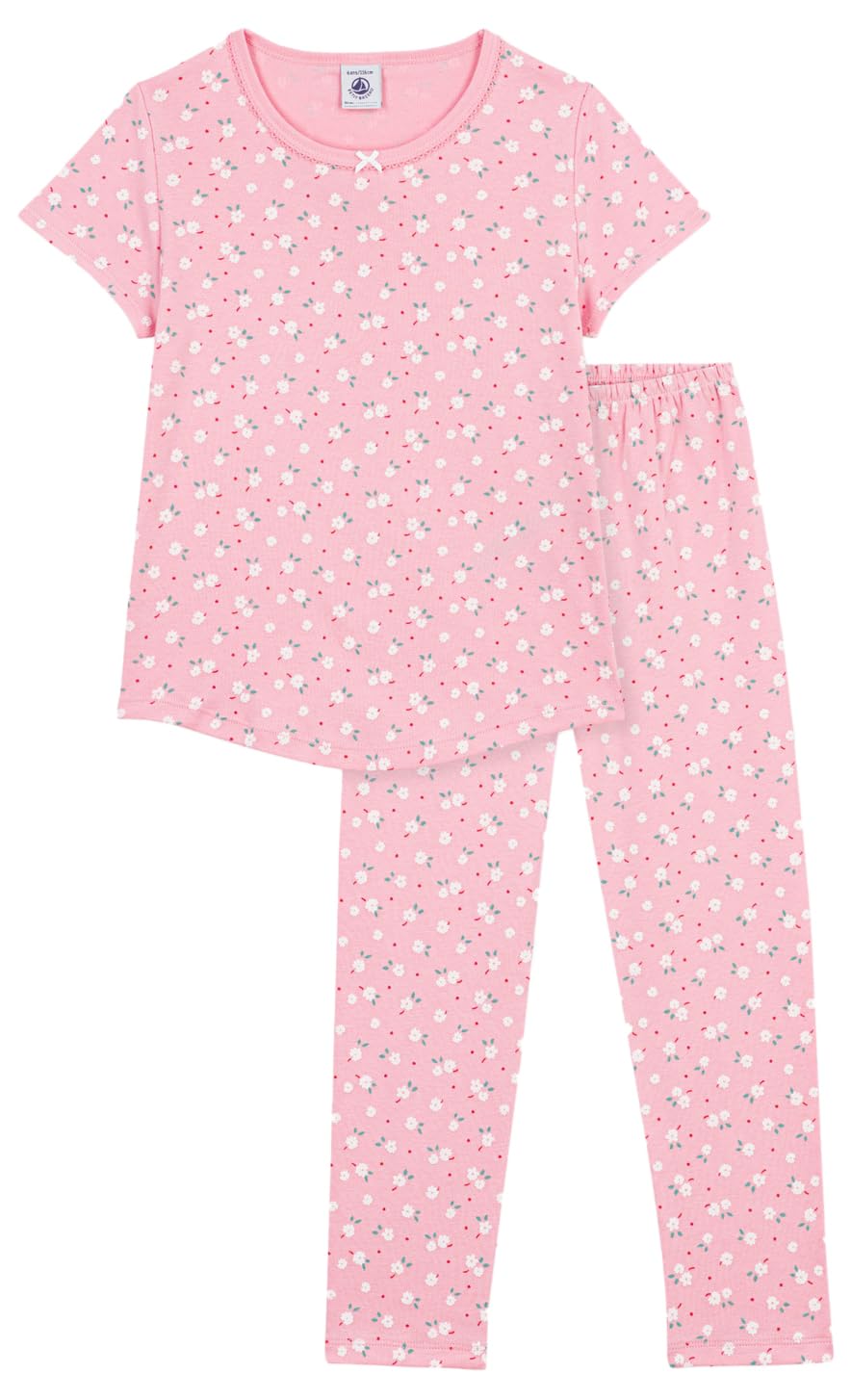 Pe Bateau Schlafanzug für Kinder, aus Baumwolle, kurzärmlig, Lange Beine, Bedruckt, 8A, Rosa/Mehrfarbig