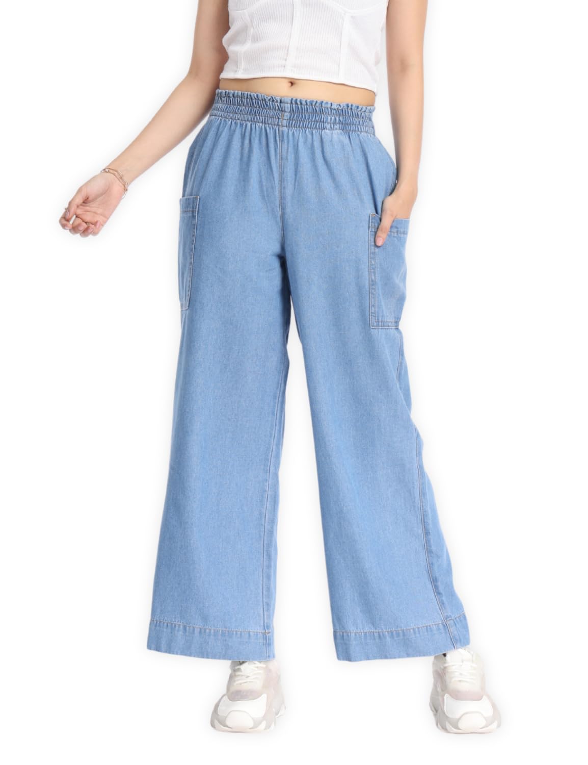Women's Wide Leg Jeans - High-Rise | 100% Cotton| Enzyme Wash | Elasticated Waistband | Jeans for Women