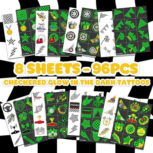 Image of 96 PCS Checkered Flag Pre-Cut Luminous Glow in the dark Temporary Tattoos | Super Cute Themed Birthday Party Favors, Supplies, Decorations, Race Car Fake Tattoo Stickers Gifts for Boys Girls