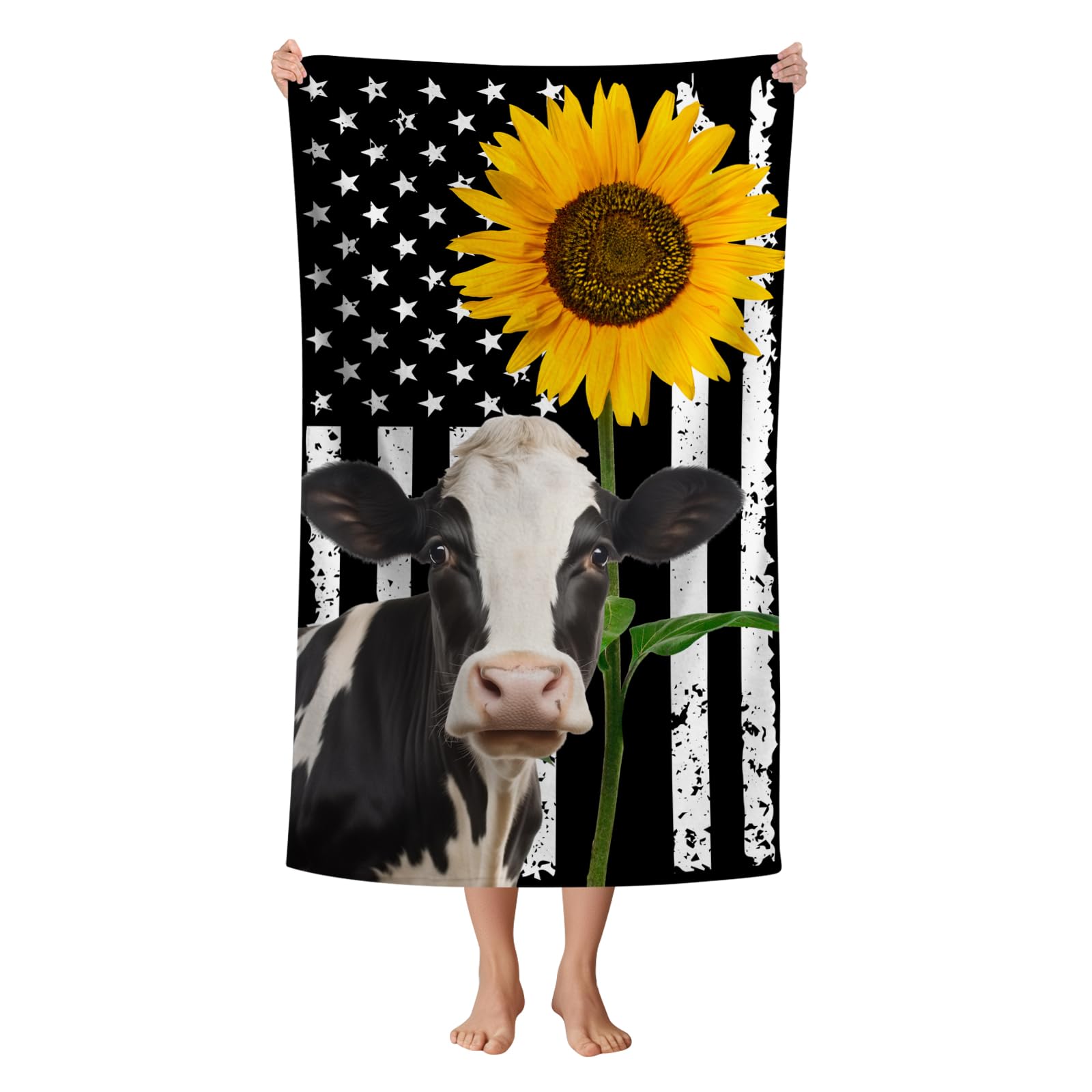 WZOMT American Flag Cow Sunflower Beach Towel Microfiber Black and White Yellow Floral and Cows Print Bath Towel for Kids Adults, Quick Dry Sandproof