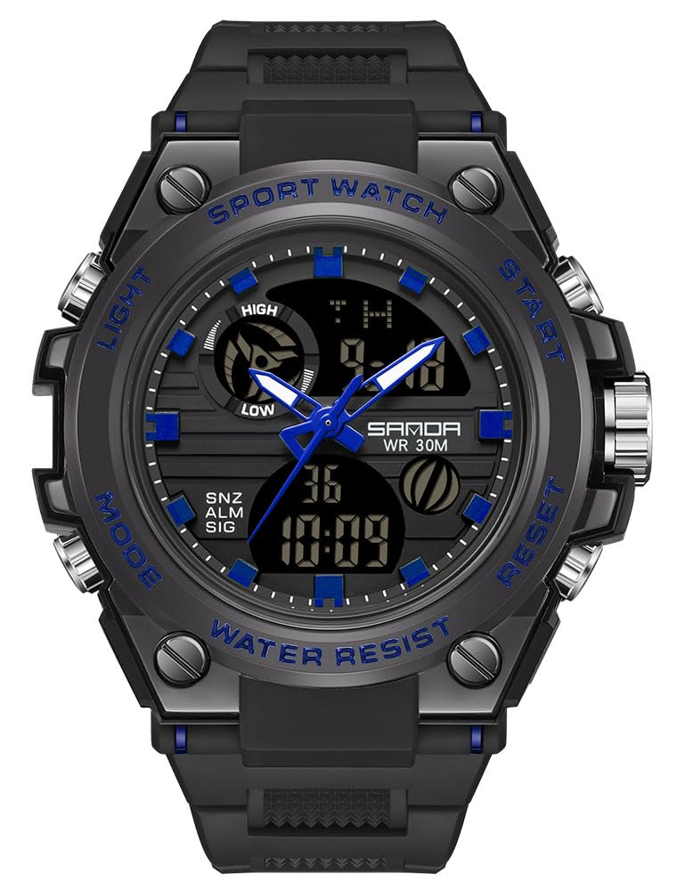 Gosasa Orologio sportivo digitale da uomo, display LED, antiurto, militare, doppio fuso orario, orologio da polso per esterni, impermeabile, sveglia