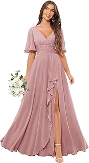 Bridesmaid Dress for Women Short Sleeve V-Neck Wedding Guest Gowns with Slit Pockets - Buy now