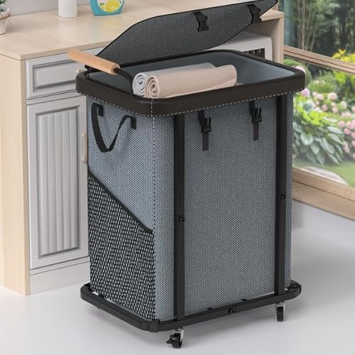 40 Gal (150L) Laundry Hamper with Lid, Leather Patchwork Laundry Basket with Rolling Lockable Wheels and Handle, Laundry Basket Organizer for Laundry Room, Bedroom and Bathroom,Laundry Room - Gray