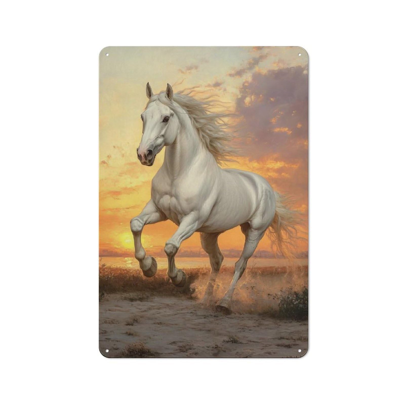Junmoney White Horse Running At Sunset Metal Plaque 30X20cm With For Hallway Wall, Rustic Decor, For Garage, Workshop And Man Cave Decoration