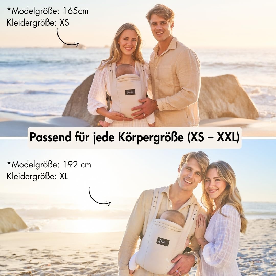 Rookie Babytrage ab Geburt - Ergonomisch, Bequem, Bio-Stoffe - Premium Elite Design - Baby Trage schnell & einfach angelegt - Baby carrier für Neugeborene bis 2 Jahre (Beige)