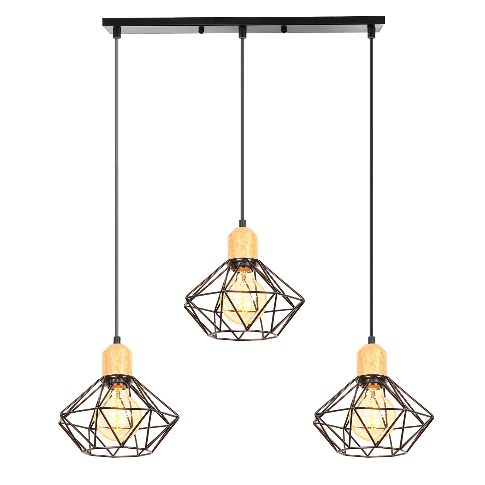 Lampara Colgante 3 Luces Vintage Lámpara de Techo E27 Industrial Iluminación de Techo de Interior en Madera y Hierro16CM Diseño de Jaula Negro para Comedor Cocina (una barra-50 cm)