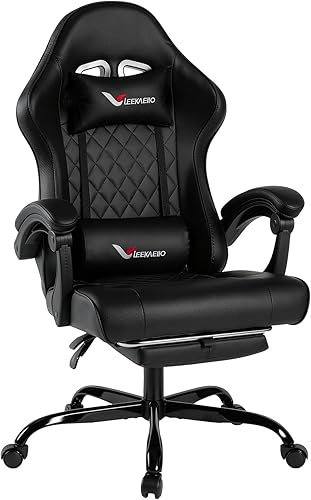 Silla de juegos negra para adultos con reposapiés y soporte lumbar, silla de oficina ajustable en altura con asiento giratorio de 360° y