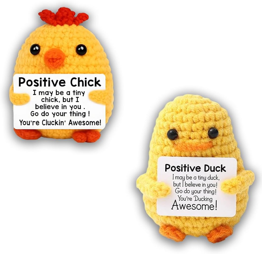 2Pcs Positive Duck Chick Funny Friend Corworker Gifts with Cards, Cute Mini Things Birthday Christmas Gifts for Women Men Emotional Support Crochet Doll Room Decors