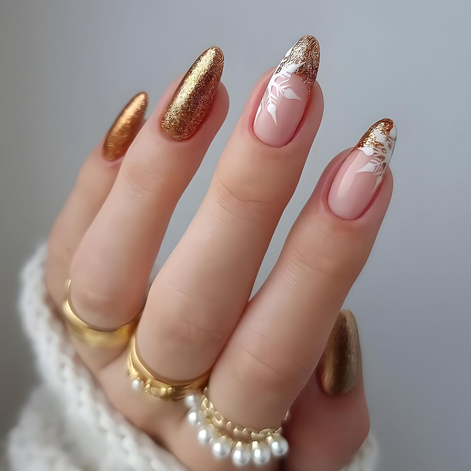 False Nails Medium Length, Almond Press on Nails Gold Glitter Glossy Fake Nails with White Snow Design,Acrylic Stick on for Women, Fake Nail for Nails Art