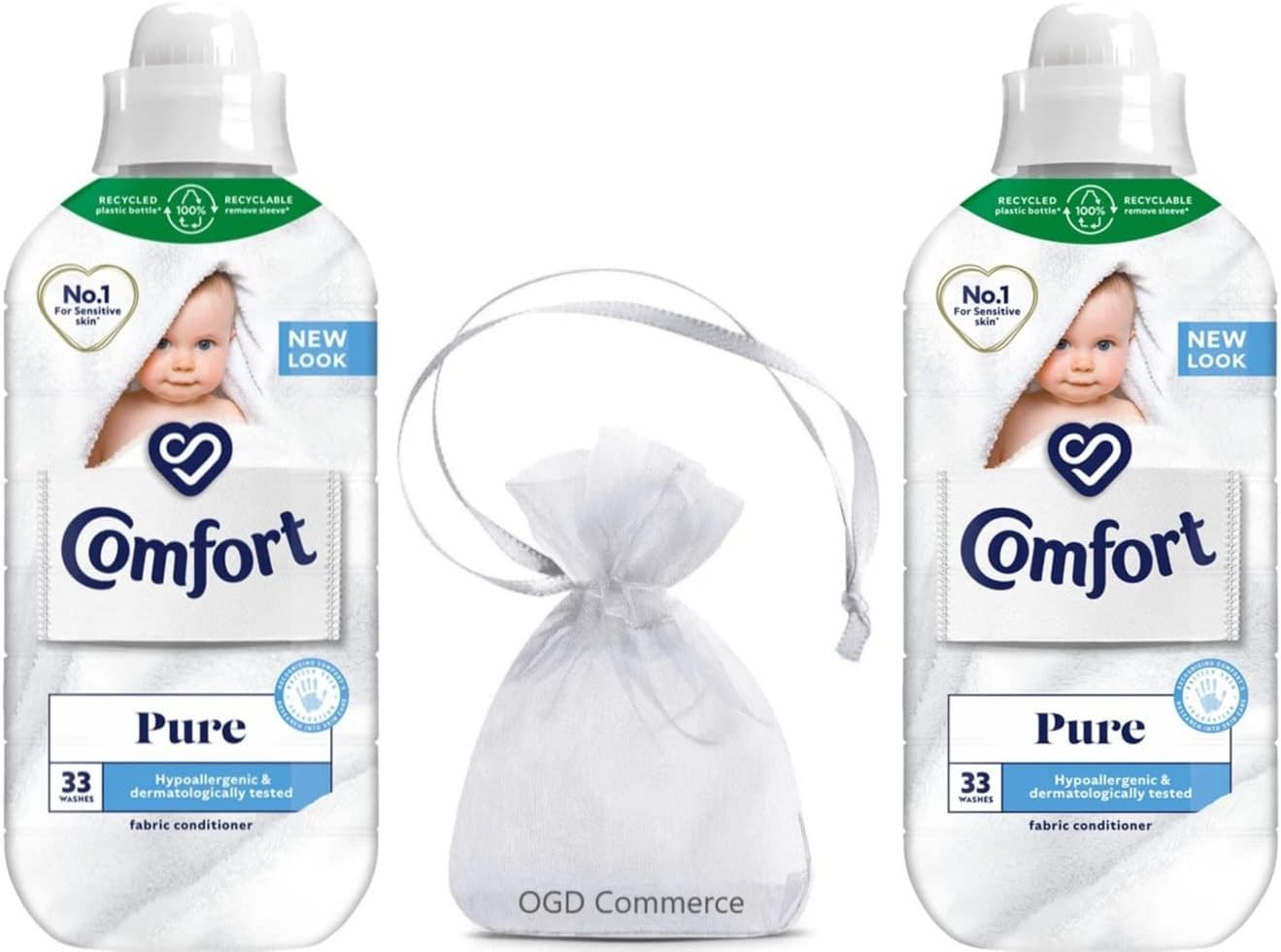 Comfort Pure Fabric Conditioner for Sensitive Skin, Pack of Two, 2 x 33 Washes, 2 x 990ml, Hypoallergenic & Dermatologically Tested + Our Gift for You - Organza Small Bag Size 9 x 7 x 0.1 cm