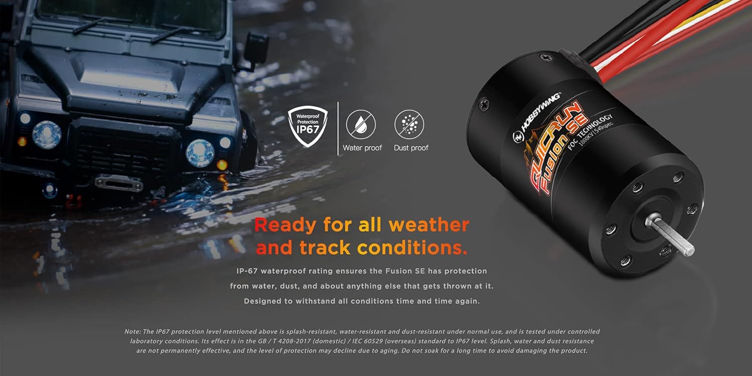 An RC vehicle equipped with the Hobbywing Quicrun Fusion SE driving through water, demonstrating its IP67 waterproof and dustproof capabilities.