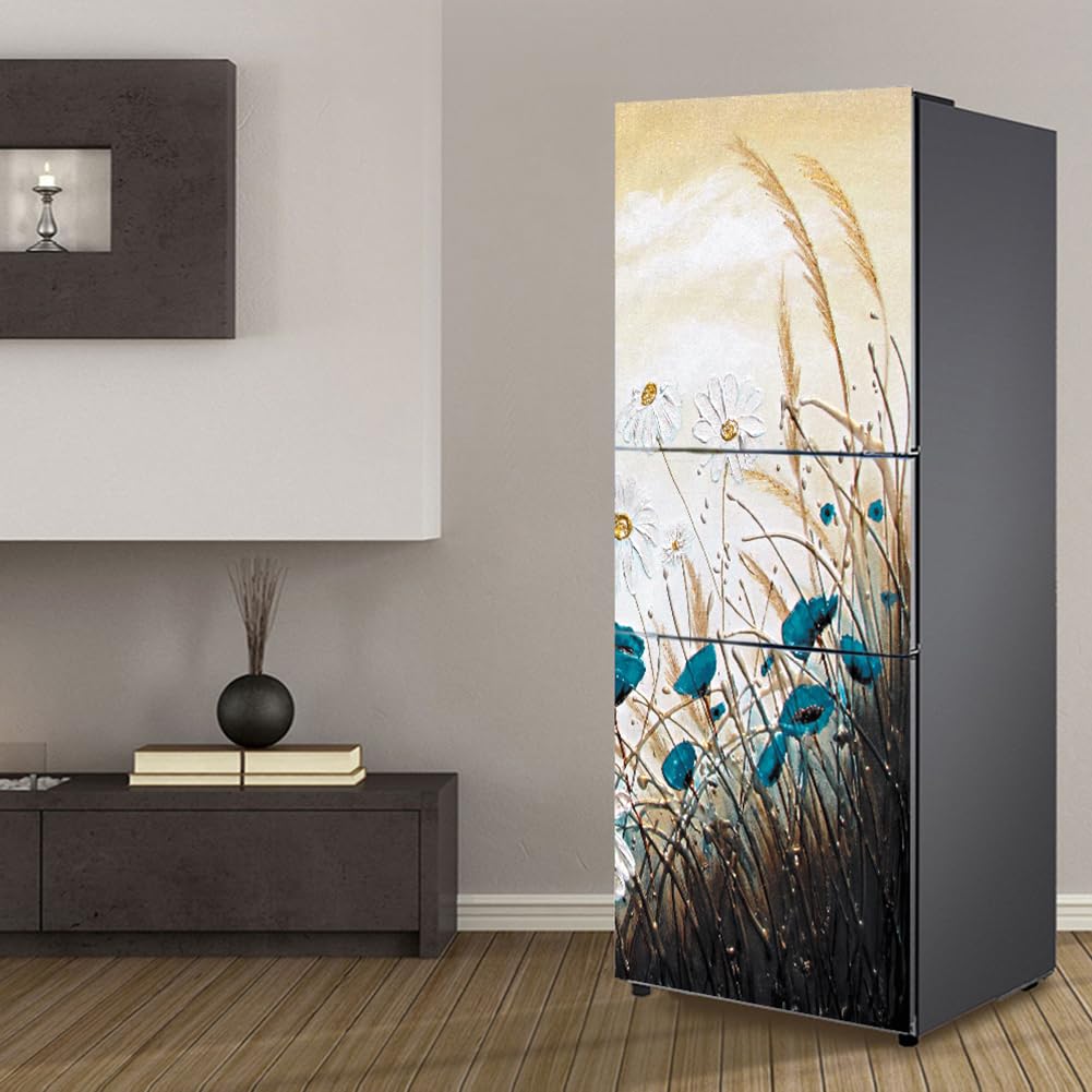 Cnfhfry Blue Fridge Stickers， Full Covering, Freezer Skins Wall Stickers For Kitchen Decal, Oil Painting White Flower (M: 60X180 Cm)