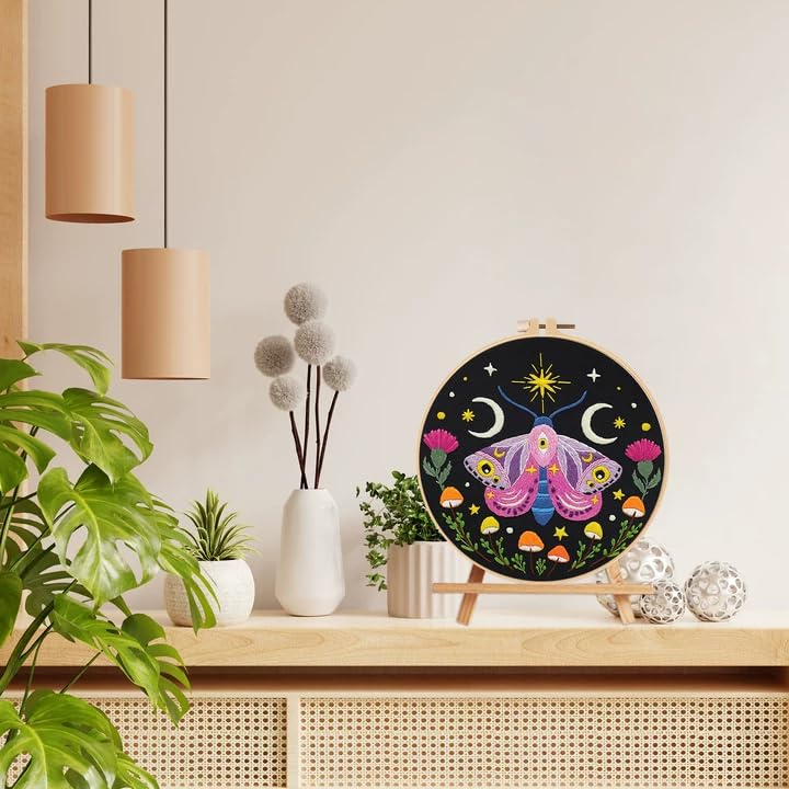 Image of Nuberlic Moth Embroidery Kit for Beginners -Easy Cross Stitch Kits- Complete Embroidery Starter Set with Hoop, Pre-Printed Fabric, Threads & Needles