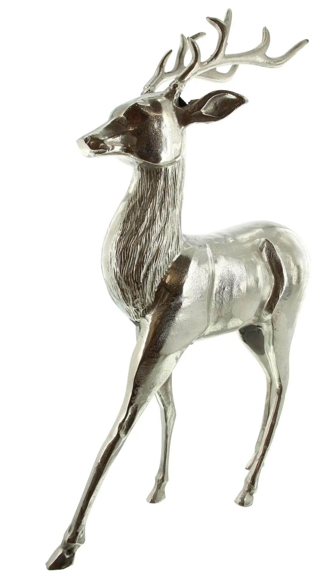 Dekoleidenschaft große Figur Hirsch aus Aluminium, Silber glänzend, edle Skulptur, 65 cm hoch, Tierfigur stehend, Wohnzimmer Deko