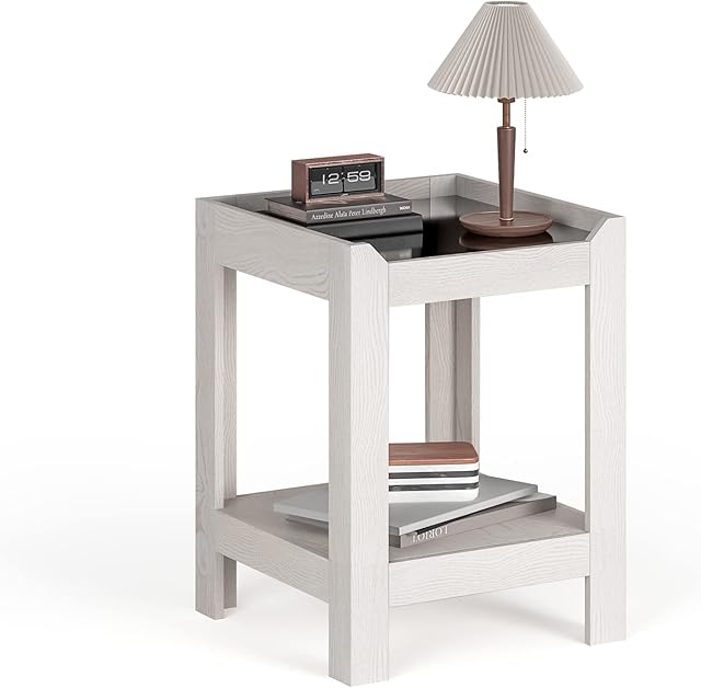 Meerveil Side Table, End Table with Tempered Glass Modern Style for Living Room Bedroom Office, W45 x H60 x D45 cm, Cream White
