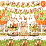 Fox Birthday Party Supplies, Includes Banners, Plates, Cupcake Toppers, Napkins, Cups, Tablecloths, for Girl Boy Fox Theme Baby Shower Birthday Party Decorations Serves 20