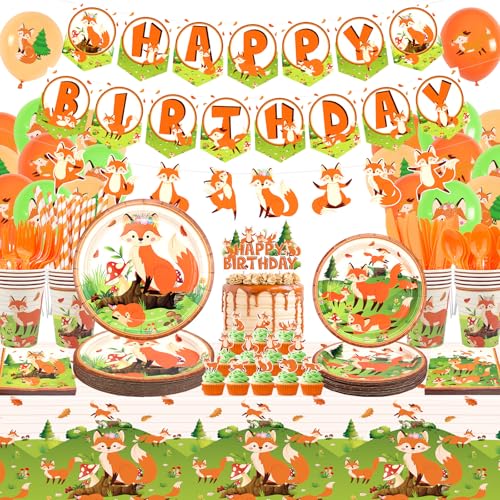 Fox Birthday Party Supplies Includes Banners Plates Cupcake Toppers Napkins Cups Tablecloths for Girl Boy Fox Theme Baby Shower Birthday Party Decorations Serves 20