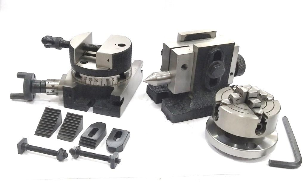 3"/ 80 MM ROTARY MILLING TABLE WITH 80 MM ROUND VICE VISE WITH SUITABLE TAILSTOCK, M6 CLAMP KIT & SMALL CHUCK WITH BACK PLATE & FIXING T NUTS BOLTS (WITH 70 MM 4 JAW INDEPENDENT CHUCK)