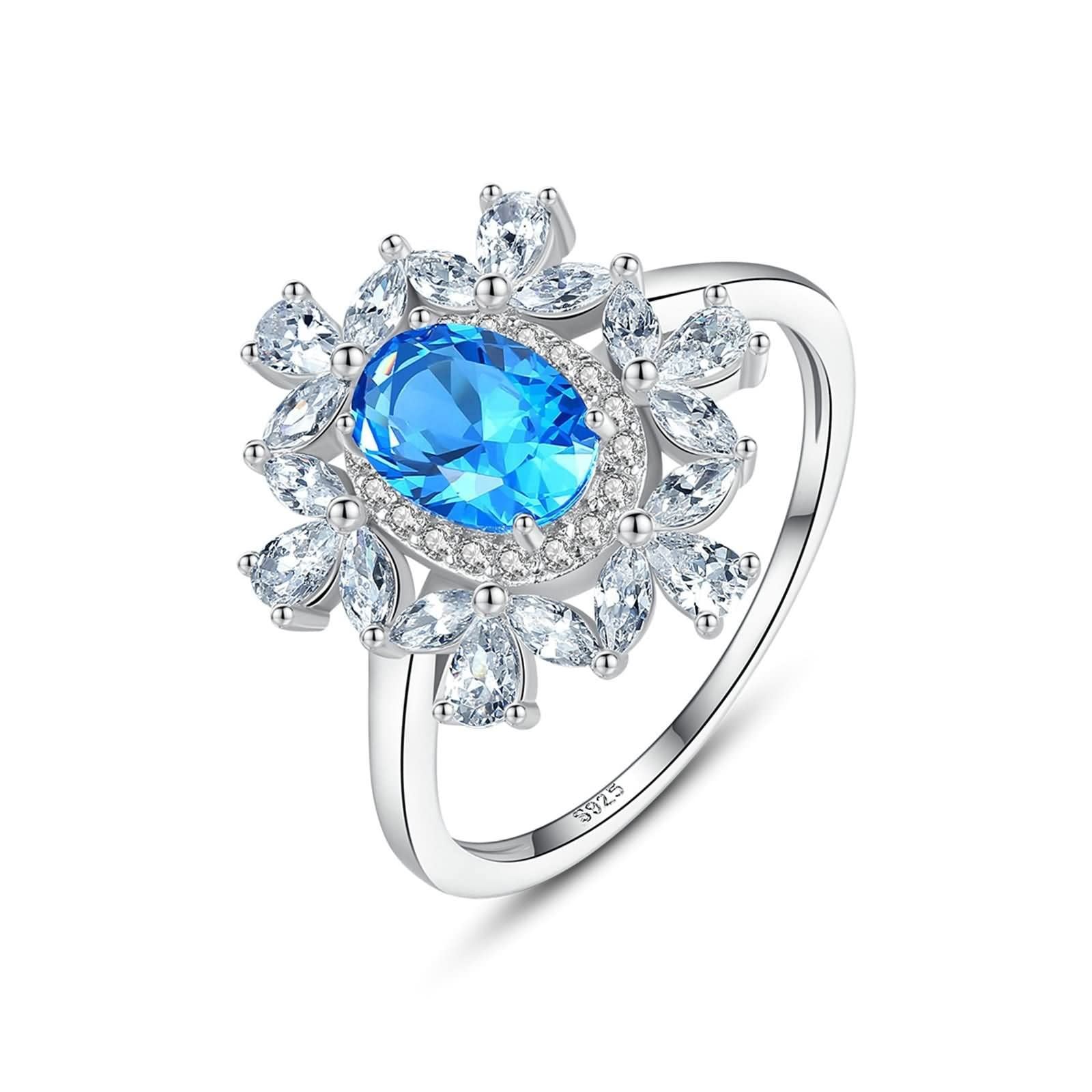 Verlobungsring für Damen, Ringe für Damen, Sterlingsilber, Blumen-Design, Saphir, weißer Zirkonia