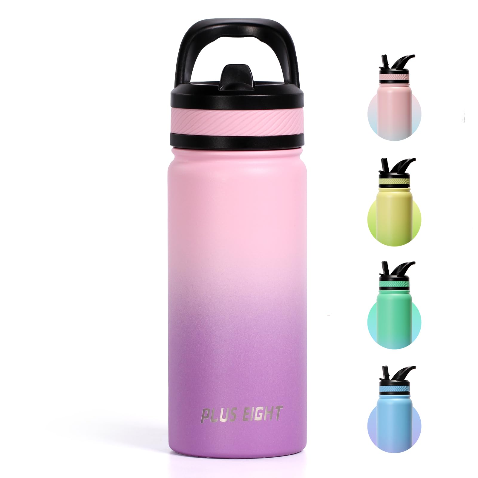 pluseight Edelstahl Trinkflasche, Auslaufsichere Edelstahl Flasche mit Strohalm und Deckel Für Schule, Kinder, Frauen, Männer | Auslaufsicher & Schweißfest mit Anti-Staub Deckel ﻿ (Rosa lila, 600 ml)