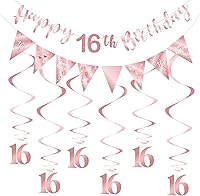 Vista 1 de Decoración de cumpleaños número 16 de oro rosa para niñas, pancarta de feliz cumpleaños 16, remolinos de banderines, pancarta de bandera triangular