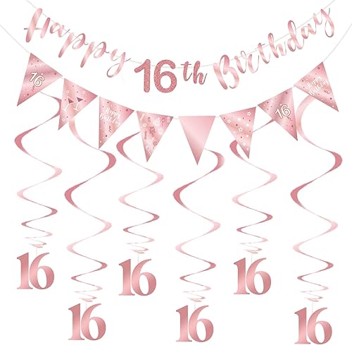 Decoración de cumpleaños número 16 de oro rosa para niñas, pancarta de feliz cumpleaños 16, remolinos de banderines, pancarta de bandera triangular
