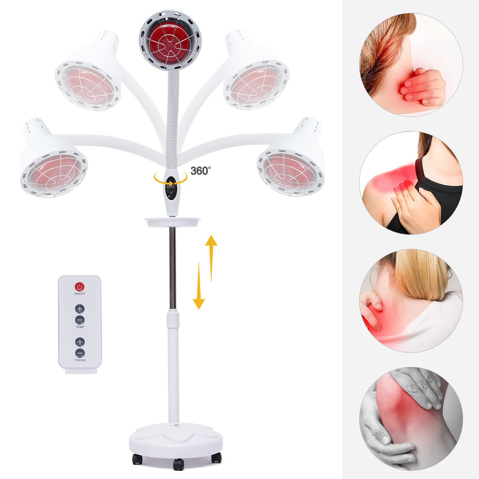 Lámpara infrarroja de luz roja, lámpara de calor con soporte, lámpara de pie para tratamiento de heridas, rotación de 360°, 275 W, A++ hasta E