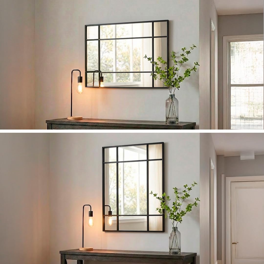 Marctani Specchio per finestra da parete 90 x 60 cm - Specchio industriale decorativo con cornice in metallo - Design rettangolare effetto finestra per ingresso, ingresso e soggiorno