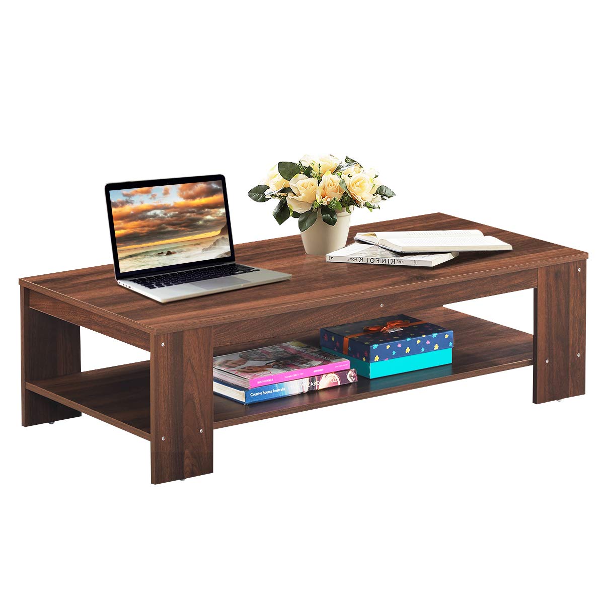 Giantex Coffee Table 2-Tier W/Storage Shelf, Industrial Rustic Rectangular Table for Living Room, Office Bedroom, Accent Furniture Tea Table (Walnut)