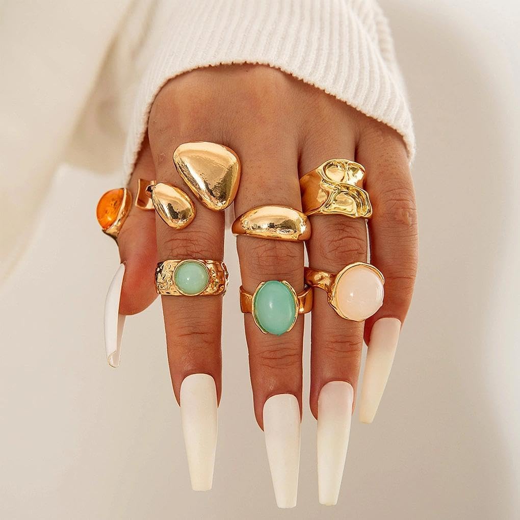 Rrdaily Gold Chunky Hammered Dome Resin Rings Set,Open Adjustable Pleated Stackable Knuckle Finger Rings Set Party Jewelrys Accessories Gift for Women - Image 2