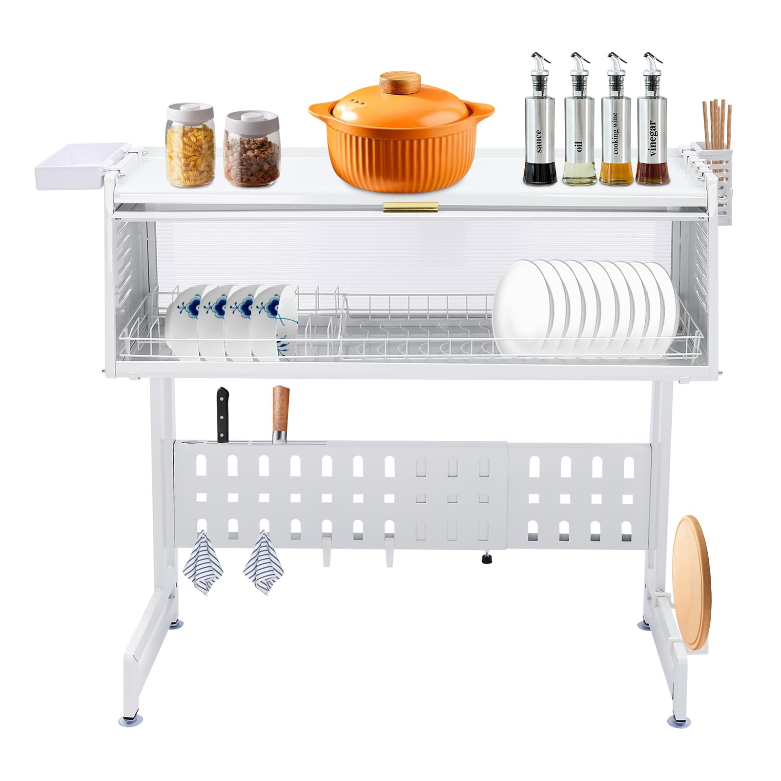 Abtropfgestell Geschirr Trockengestell über der Spüle, 3 Ebenen Kohlenstoffstahl Geschirrständer Dish Drying Rack, Erweiterbar Geschirrabtropfgestell Großes Geschirrtrockner für Küchentheke (Weiß)