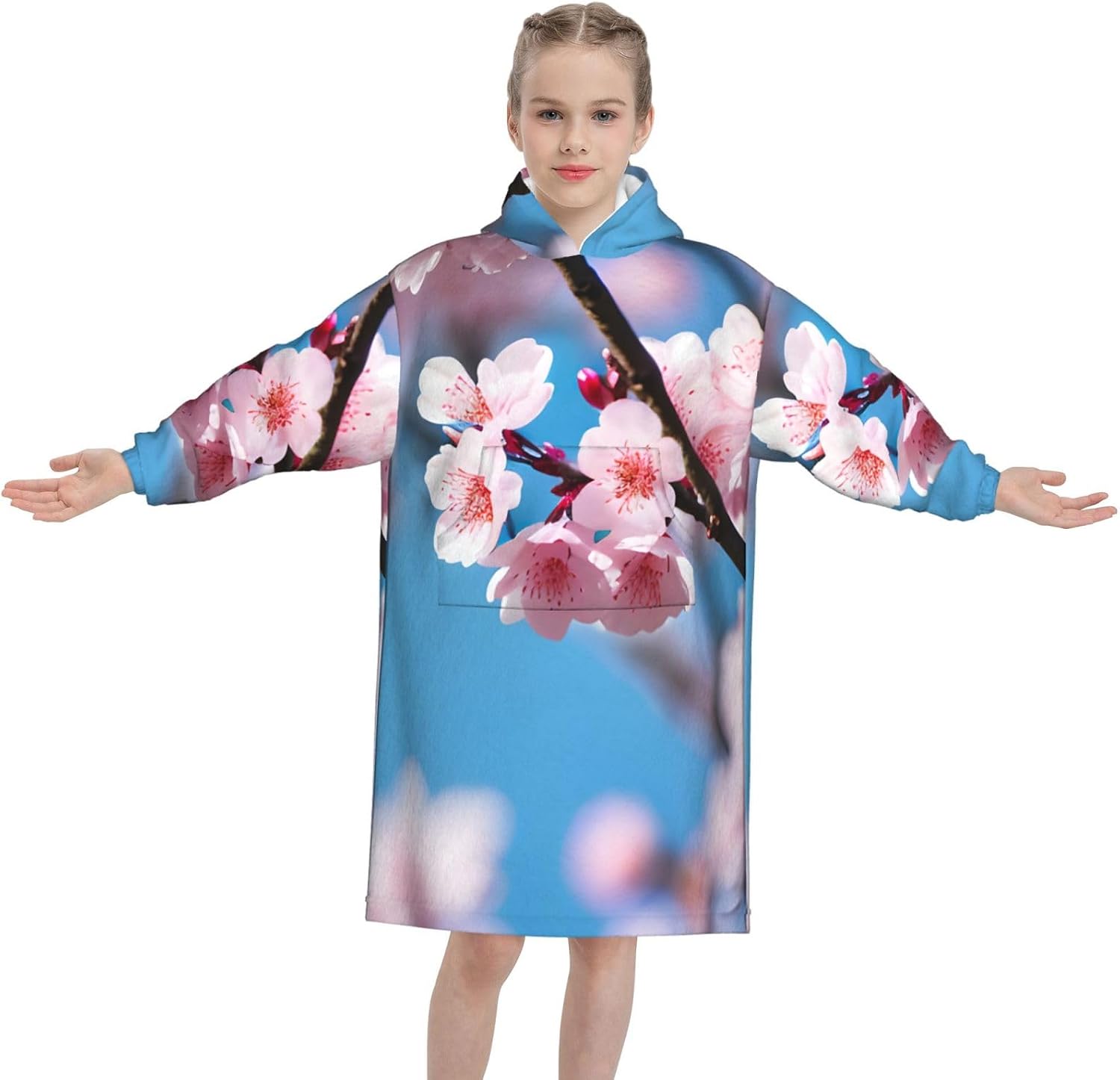 Pink Cherry Blossoms Print Oversized Blanket Hoodie, Wearable Blanket Hooded,Hooded Pullover With Pocket