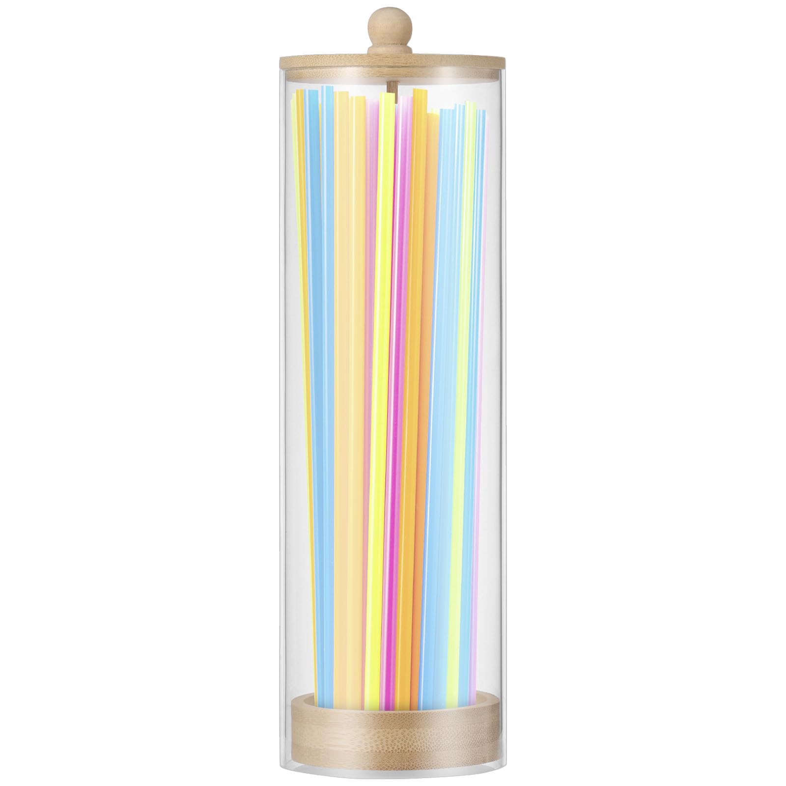 Kuanght Straw Dispenser 27x8cm, Clear Acrylic Drinking Straw Holder with Wood Lid, Versatile Straws Storage Container for Pencils, Coffee Stirrers and Cutlery