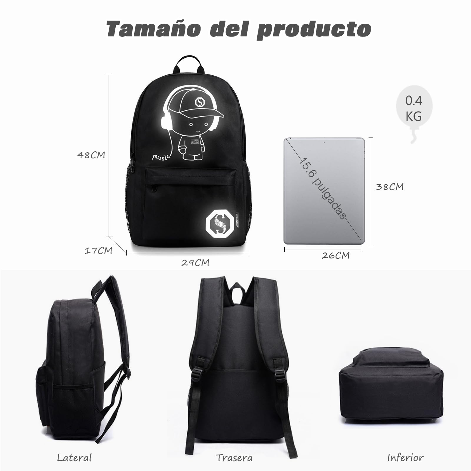 FANDARE Mochila Luminoso Bolsa de Escuela Unisexo Mochilas Tipo Casual Bolsos de Mujer Hombre Bolsa de Viaje Niña Niño School Bag Adolescente Knapsack con USB Daypack Impermeable Poliéster