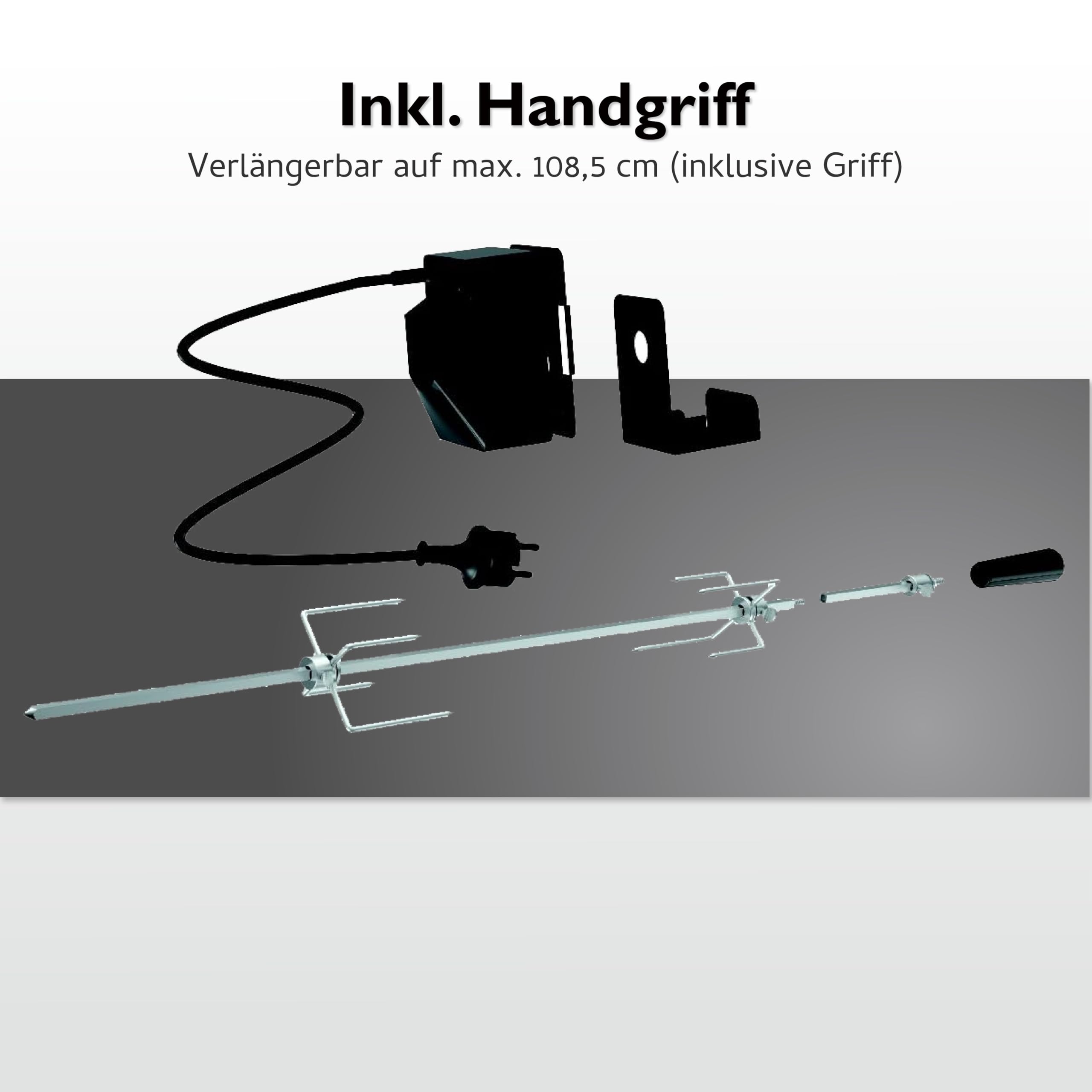 tepro Universal-Grillspieß Set mit Motor, Drehspieß aus Edelstahl, Netzbetrieb, mit 4x Fleischnadeln und 2 Fleischkammern, Spießlänge ca. 83 - 108,5 cm (inklusive Handgriff)