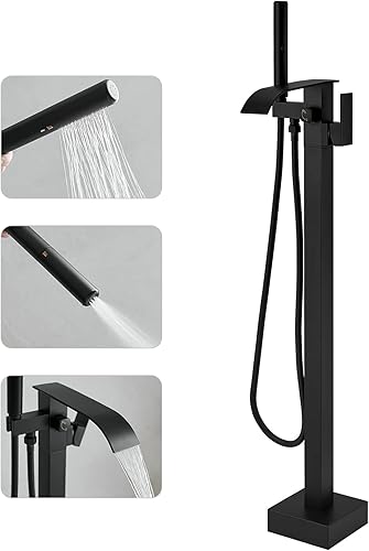 RUMOSE Llenador de bañera independiente grifo de bañera negro mate montaje en el suelo grifo de bañera de pie cascada de latón de alto flujo con