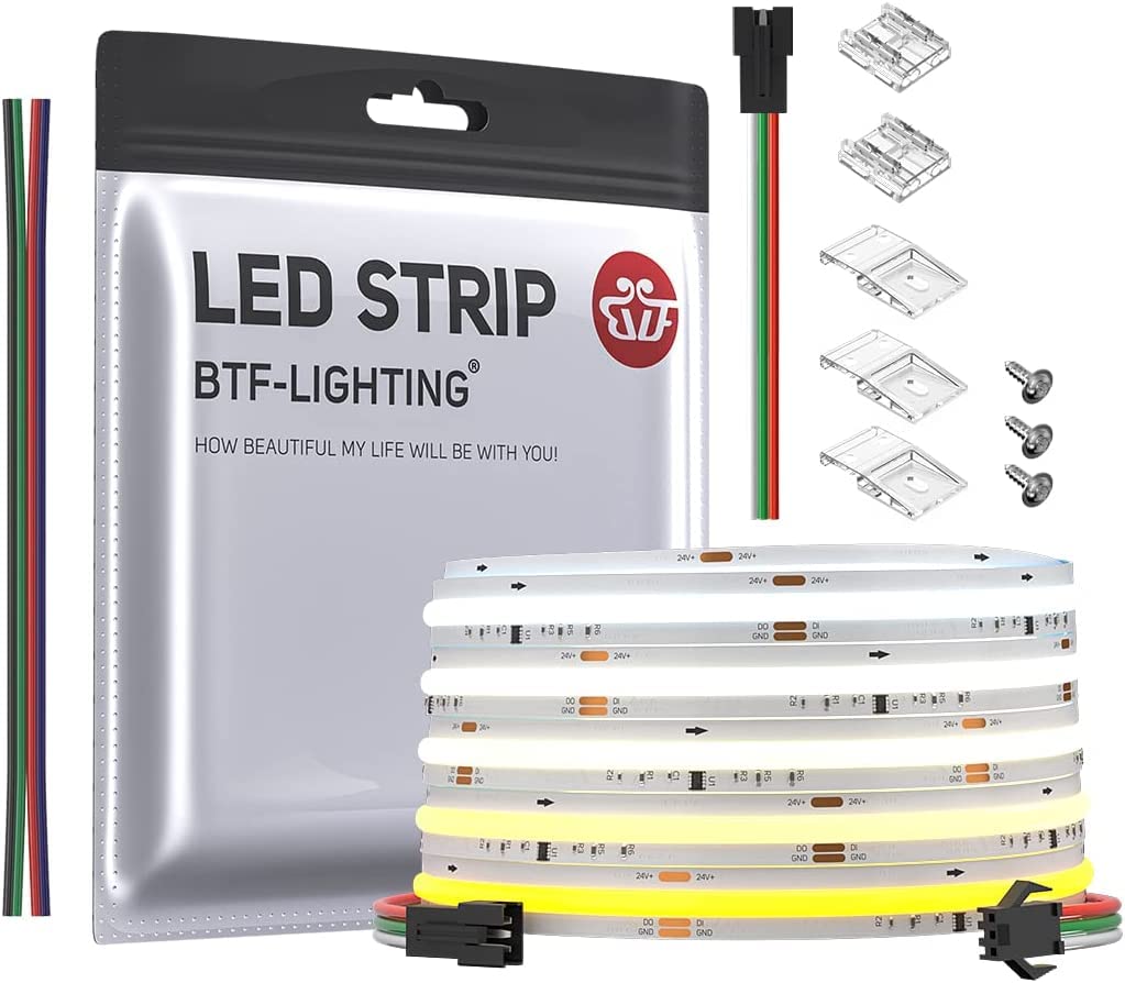 BTF-LIGHTING FCOB SPI CCT Tira de LED flexible de alta densidad WS2811 IC regulable Chasing 3000-6000K Tira de LED 5M 576LEDs/m 10W/M DC24V IP30 No impermeable (No contiene controlador y alimentación)