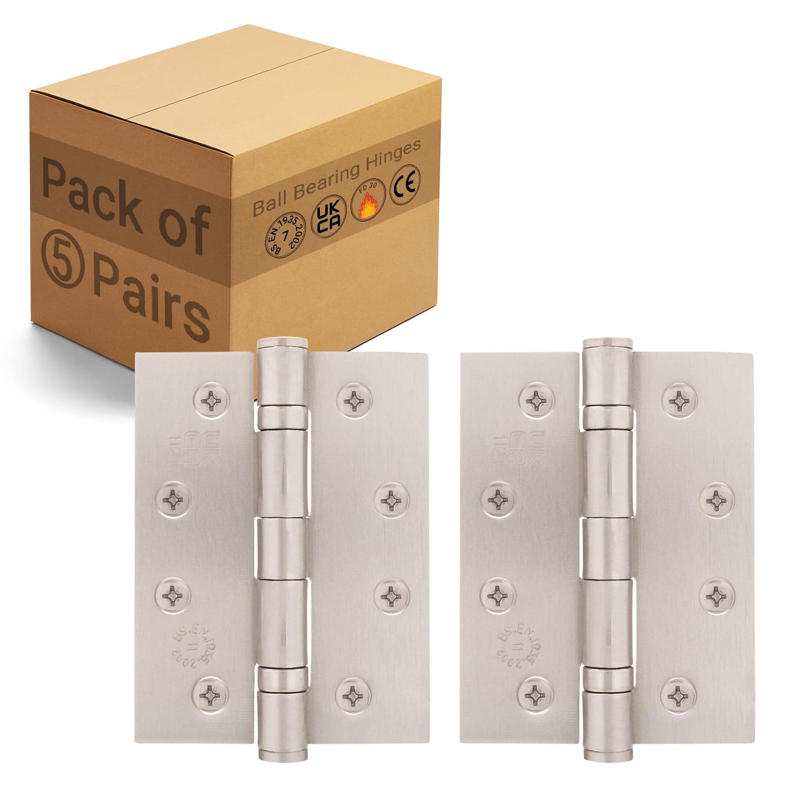 EAI Satin Door Hinges | 4 Inch / 102mm Satin Nickel Internal Fire Door Hinges | 5 Pairs